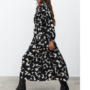 ZARA Black & White Abstract Print Midi Crepe-Like Shirt Dress | Belted, Size XXL